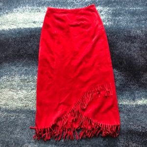 Red Leather High Waisted Fringe Maxi Skirt